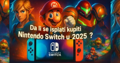 Promotivna ilustracija Nintendo Switch OLED konzole sa Joy-Con kontrolerima i popularnim naslovima igara u pozadini