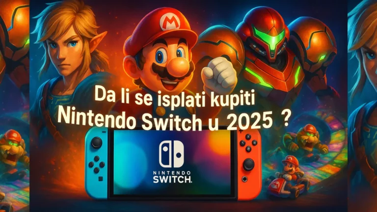 Promotivna ilustracija Nintendo Switch OLED konzole sa Joy-Con kontrolerima i popularnim naslovima igara u pozadini