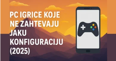 Ilustracija računara sa slabijom konfiguracijom i retro stilizovanim PC igricama iz 2025. godine