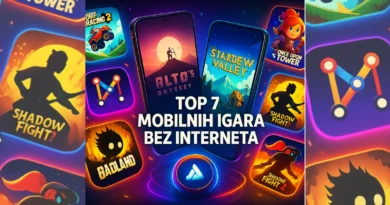 Promotivna digitalna ilustracija sa mobilnim telefonima i ikonama popularnih offline igara iz 2025. godine