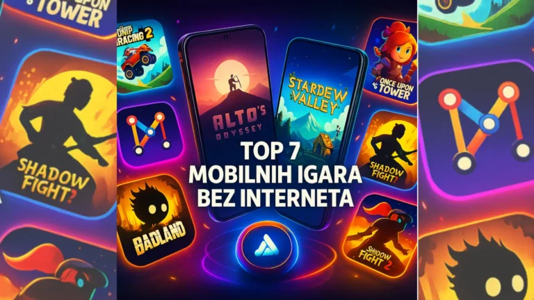 Promotivna digitalna ilustracija sa mobilnim telefonima i ikonama popularnih offline igara iz 2025. godine