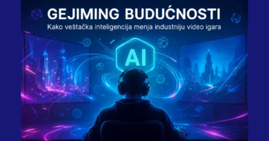 Futuristička scena gejmera okruženog hologramskim AI elementima i virtuelnim svetovima.
