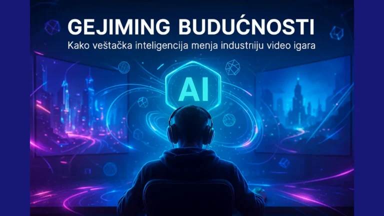 Futuristička scena gejmera okruženog hologramskim AI elementima i virtuelnim svetovima.