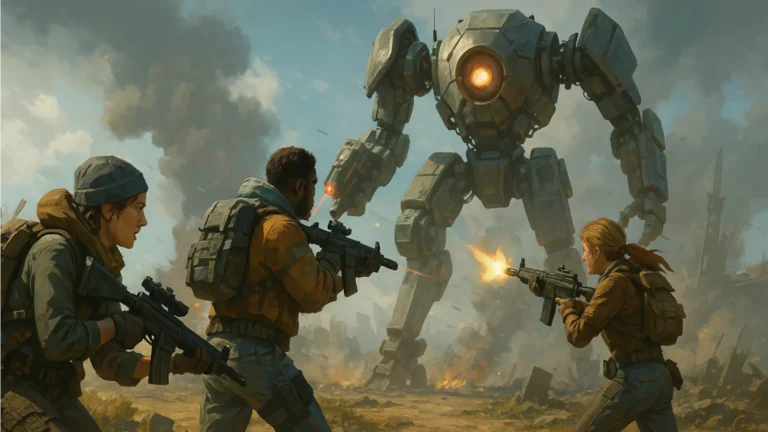 Tri futuristička vojnika sa oružjem u postapokaliptičnom okruženju, generička sci-fi scena nalik PvPvE extraction igri