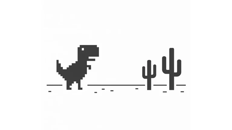 Pixel-art dinosaur koji trči po beloj pozadini i preskače kaktuse, inspirisan Chrome Dino igricom