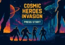 Pixel art naslovni ekran fiktivne igre Cosmic Heroes Invasion sa superherojima i svemirskom pozadinom