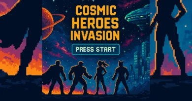 Vodič: Kako otključati sve likove u Marvel Cosmic Invasion – put do Venoma, Phoenix i Silver Surfera Pixel art naslovni ekran fiktivne igre Cosmic Heroes Invasion sa superherojima i svemirskom pozadinom