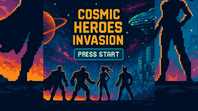 Pixel art naslovni ekran fiktivne igre Cosmic Heroes Invasion sa superherojima i svemirskom pozadinom