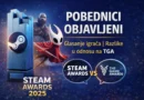 Steam nagrade 2025: grafika sa trofejem, Steam logom i porukom „Pobednici objavljeni“, uz poređenje Steam Awards vs The Game Awards.