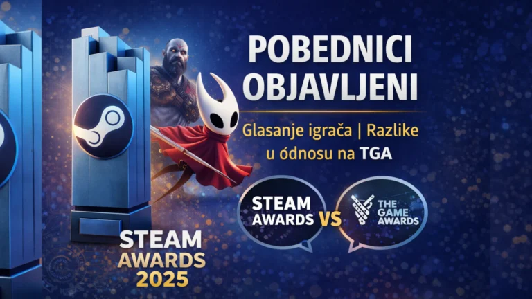 Steam nagrade 2025: grafika sa trofejem, Steam logom i porukom „Pobednici objavljeni“, uz poređenje Steam Awards vs The Game Awards.